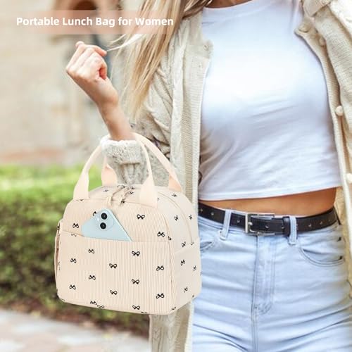 LEDAOU Lunch Box for Women Insulated Lunch Bag Corduroy Lunch Tote Bags Leakproof Cooler Lunch Case for Travel Work Picnic - color: Black bowtie -2
