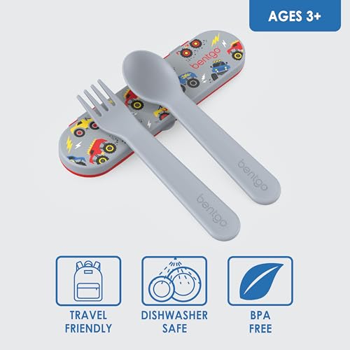 Bentgo Kids Utensil Set - Reusable Plastic Fork, Spoon & Storage Case - BPA-Free Materials, Easy-Grip Handles, Dishwasher Safe - Ideal for School Lunch, Travel, & Outdoors (Trucks) - color: Trucks