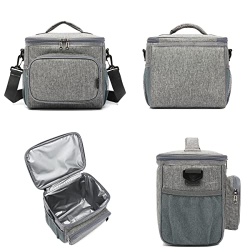 FlowFly Insulated Reusable Lunch Bag Adult Large Lunch Box for Women and Men with Adjustable Shoulder Strap,Front Zipper Pocket and Dual Large Mesh Side Pockets,Grey - color: Gray