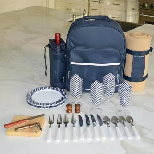 Bold Picnic Backpack with Blanket for 4 - color: Navy/White With Gingham