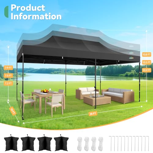 COBIZI 10x20 Heavy Duty Pop Up Canopy Tent with 6 Sidewalls Thicken Frame, Commercial Easy Up Outdoor Wedding Party Tents, All Season Waterproof Windproof with Stakes Sandbags Ropes Roller Bag, Black - color: Black, size: 10x20