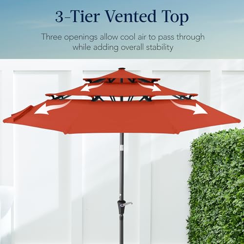 Best Choice Products 10ft 3-Tier Market Patio Umbrella, Outdoor Sun Shade with Tilt, Crank Lift, 8 Ribs for Backyard, Deck, Poolside - color: Rust