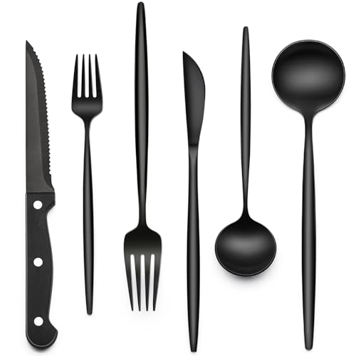 EWFEN 24-Piece Black Silverware Set with Steak Knives, Black Flatware Set for 4, Food-Grade Stainless Steel Tableware Cutlery Set, Mirror Finished Utensil Sets for Home Restaurant, Long Edge - style: Long Edge