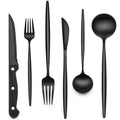 EWFEN 24-Piece Black Silverware Set with Steak Knives, Black Flatware Set for 4, Food-Grade Stainless Steel Tableware Cutlery Set, Mirror Finished Utensil Sets for Home Restaurant, Long Edge - style: Long Edge