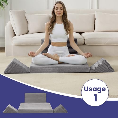 Meditation Cushion Set, Meditation Pillow for Sitting on Floor, Large Yoga Pillow with Knee Support, Washable Zafu Meditation Mat, 3 Shapes Floor Pillow for Adults, Light Grey - color: Light Dark