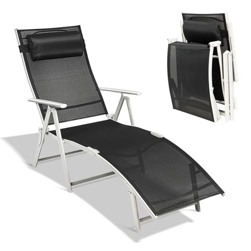 Giantex Chaise Lounge Chair for Outside, Pool Folding Reclining Beach Chair W/Removable Cushion&Headrest Pillow, Outdoor Lounge Chaise w/ 7 Backrest Positions, Portable Patio Lounger (1, Black) - color: Black