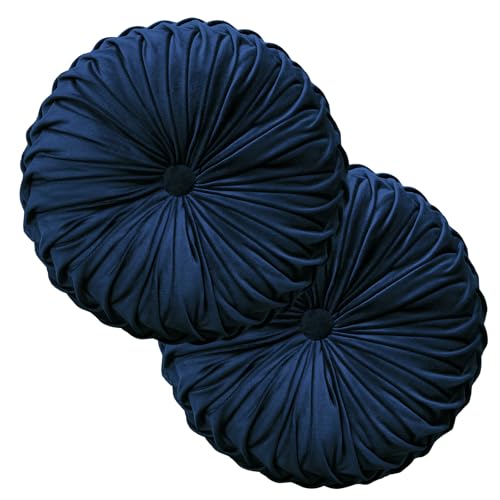 Teieas 2 Pcs Round Throw Pillows Decorative Pumpkin Velvet Boho Pleated Bed Pillows Back Support for Couch Chair Dorm Car 14.96'' (Navy Blue) - color: Navy Blue