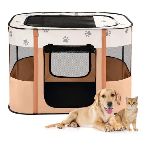 Avont Portable Dog Cat Playpen, Foldable Pop Up Pet Play Pen Travel Crate with Floor and Mesh Door Top for Indoor Outdoor Collapsible Tent Cage -L, Orange - color: Orange, size: L (36"×28"×24")
