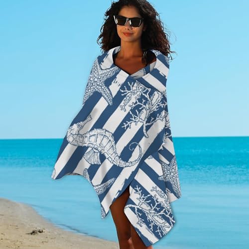 Starfish Microfiber Beach Towels,Underwater Starfish Seahorse with Coral on Stripes Oversized Absorbent Bath Towels,Soft Quick Dry Thin Camping Towel for Adults Women Men,29.5"×59" - color: Underwater Starfish Seahorse With Coral on Stripes
