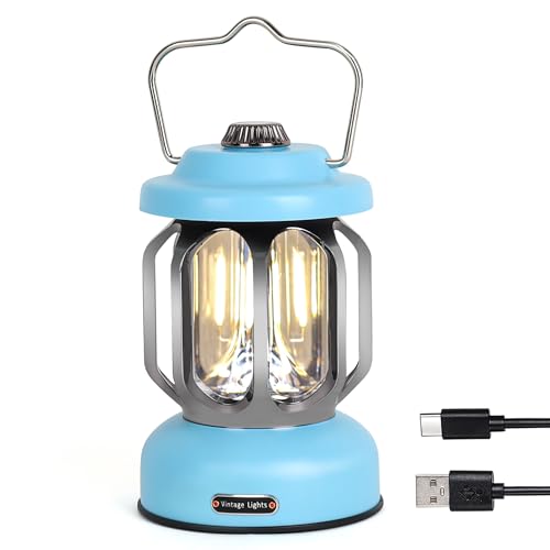 Rechargeable LED Camping Lanterns, Vintage Camping Lights Battery Operated, Portable Retro Metal Glamping Lights for Hiking, Hurricane, Decoration, Power outages, Blue, 1 Pack