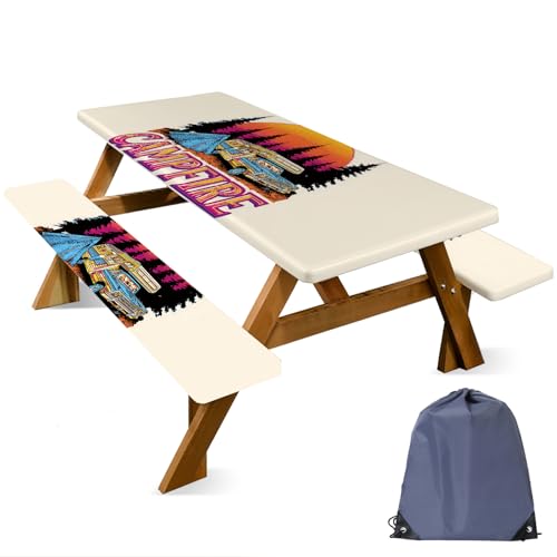 ANNA QUEEN Retro Camping Adventure 6FT Picnic Table Cover with Bench Covers Set of 3 with Drawstring Bag, Vintage Camper 72"x30" Waterproof Picnic Tablecloth & Bench Covers - color: #55