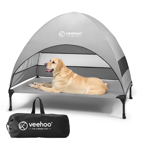 Veehoo Outdoor Dog Bed with Canopy, Cooling Elevated Pet Cot with Removable Shade, Non-Slip Feet, Raised Dog Cot for Large Dogs, Pet Tent Bed for Camping, Beach, Large, Grey, CWC2411 - color: Grey, size: 42.0"L x 30.0"W x 33.5"Th