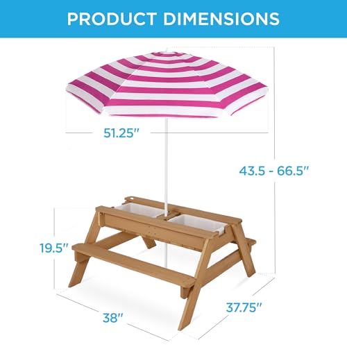 Best Choice Products Kids Picnic Table with Umbrella, 3-in-1 Sand & Water Table, Outdoor Convertible Picnic Table for Toddlers, Seats 4, Removable Top, 2 Buckets - Natural/Dark Pink - color: Natural/Dark Pink