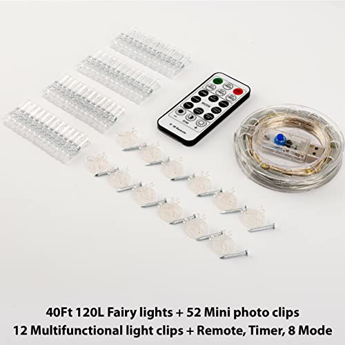HXWEIYE 120LEDs Multicolor Photo Clips String Light, 40Ft Fairy Light with 52 Clear Clips & 12 Hooks on Wall, Timer & 8 Modes USB Powered Copper Wire String Light for Hanging Picture, Bedroom Party - color: Multicolor, size: 8 Mode USB Powered-120LEDs