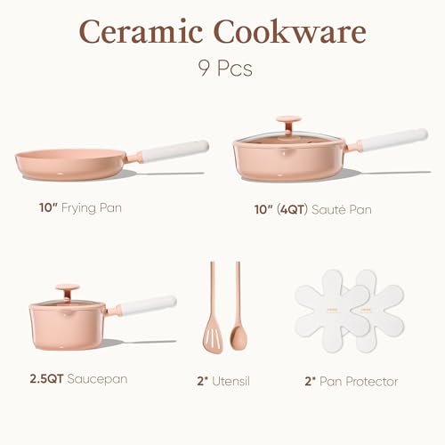 CAROTE Ceramic Cookware Set Nonstick, 9pcs Pots and Pans Set Non stick, Non-Toxic & PFAS-Free,Dishwasher, RV/Camping Cookware Set,Sauce Pan with Lid, Pink - color: Pink, size: Saucepan