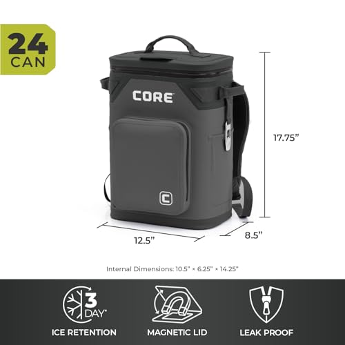 CORE Magnetic Leak Proof Soft Cooler with Waterproof Zipper | Insulated Bag Portable Ice Chest Box | Best Soft Cooler for Food & Beverages for Tailgating, Car Camping, Travel, and Family Beach Picnics - color: Charcoal, size: 24 Can