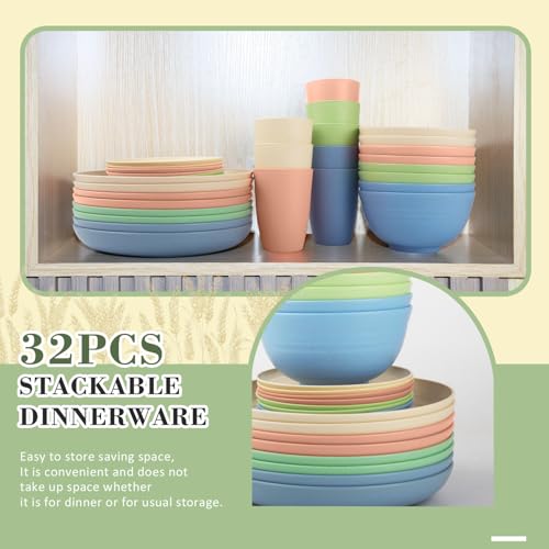 Wrova Wheat Straw Dinnerware Set of 32, Unbreakable Dinner Plates and Bowls Sets Service for 8, Microwave & Dishwasher Safe Dishes Set for Kitchen and Dining.Nordic Series - color: Nordic Series, size: 32 Pack