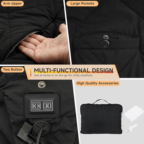 Outdoor Heated Blanket with 10000mAh Power Bank, Battery Operated Cordless Electric Heating Throw with 3 Heat Settings, Fast Heating Wearable USB Throw for Camping, Travel, Office & Home Use Black - color: Inky Black