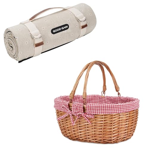 Picnic Outdoor Blankets Waterproof Extra Large - Beach Mat Foldable with Carry Strap Camping Woodchip Picnic Basket with Double Folding Handles, Natural Woven Basket, Gift Packing Woven Basket
