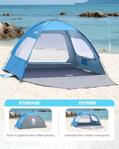 OutdoorMaster Beach Tent for 3/4/6/8 Person - Easy Setup Sun Shade Shelter, Portable Beach Shade Sun Canopy with UPF 50+ UV Protection, Removable Skylight Family Size - color: Blue, size: 3 Person