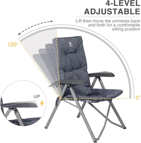 EVER ADVANCED Folding Padded Camping Chair 4 Positon Adjustable Recliner with High Back Support Portable for Adults, 300lbs Weight Capacity, Grey - color: Grey