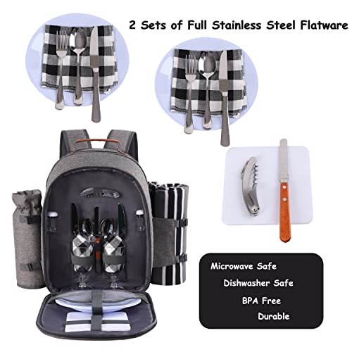 Apollo Walker Picnic Backpack Set for 2 Person with Cooler Compartment, Detachable Bottle/Wine Holder, Fleece Blanket, Plates and Cutlery Set - color: Lightgrey, size: 2 Person