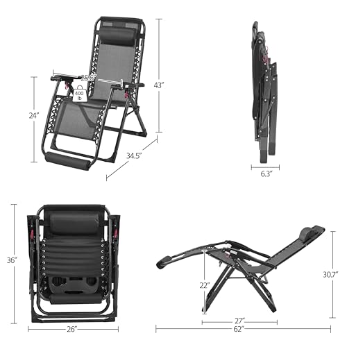 Yaheetech 26" Zero Gravity Chair Folding Reclining Lounge Recliner with Removable Pad & Headrest & Side Cup Holder Tray for Indoor and Outdoor Dark Gray/1 - color: Dark Gray, size: 26"