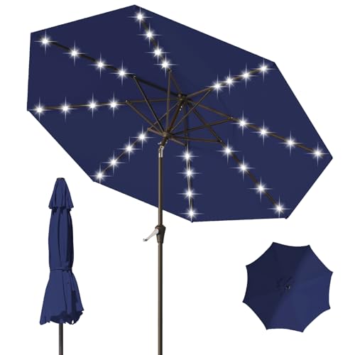 9FT Patio Umbrella with Solar Lights,Outdoor Market Umbrella with Tilt and Crank, LED Lighted Table Umbrella for Garden,Deck,Backyard,Pool,Beach (Navy) - color: Navy