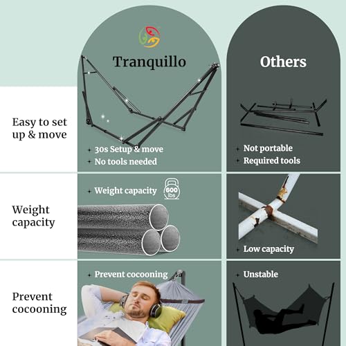 Tranquillo Universal Double Hammock with Stand Included for 2 Persons/Foldable Hammock Stand 600 lbs Capacity Portable Case - Inhouse, Outdoor, Camping, Grey - color: 1. Grey