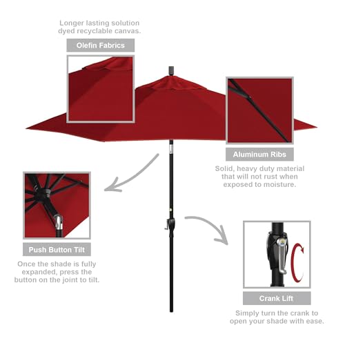 California Umbrella 9' Round Aluminum Market Umbrella, Crank Lift, Push Button Tilt, Black Pole, Red Olefin - color: Red
