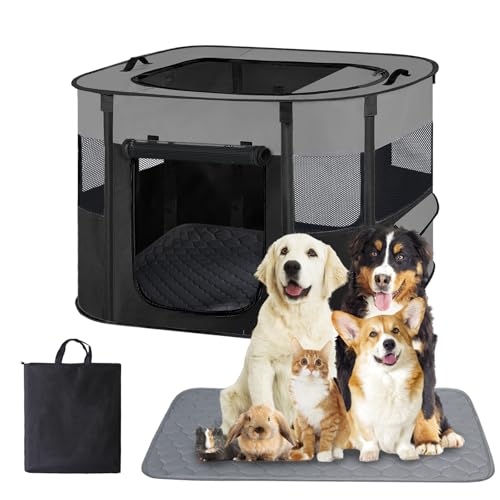 Portable Dog Cat Playpen with Waterproof Pad,Collapsible Pet Puppy Kitten Crate,Foldable Small Animals Kennel Cage for Indoor Outdoor Travel Camping,Water-Resistant Breathable Shade Cover (Grey M) - color: Grey, style: Medium(32*24*22)
