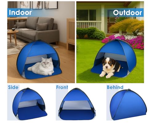 Mini Tent for Pets Small Dog Tent for Beach Portable Pop Up Sun Shade Shelter with Phone Compartment for Puppy and Large Cats Small Animals Sun Canopy for Camping and Outdoor - style: blue