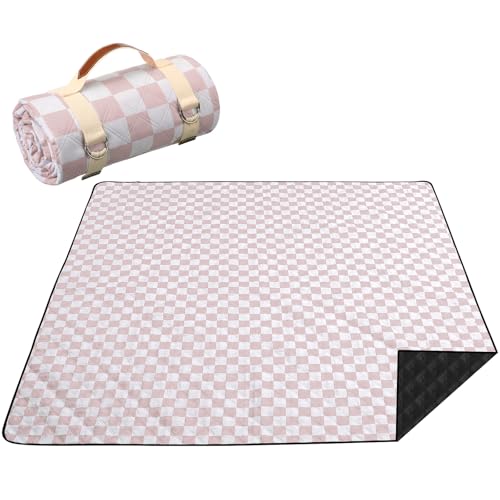 Nuanchu Checkered Picnic Blanket Extra Large Outdoor Blanket Sandproof 80"x80" Waterproof Portable Machine Washable 3 Layer Thick Gingham Picnic Mat for Beach Camping Park Grass Travel (Brown) - color: Brown