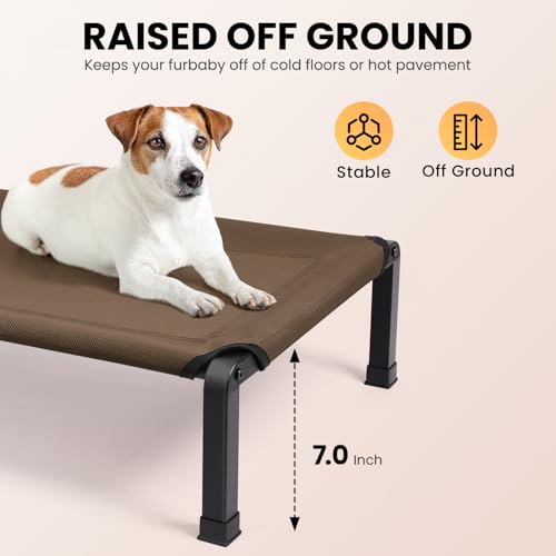 Heeyoo Elevated Dog Bed, Cooling Raised Pet Cot with Chew Proof Mesh Fabric and Steel Frame, Portable Dog Cot Bed with No-Slip Rubber Feet for Outdoor Indoor Use - color: Brown, size: 26"L x 17"W x 7"H