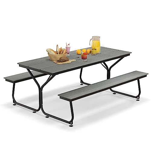 Giantex 6 FT Outdoor Picnic Table Bench Set for 6-8 People, 2400 LBS Capacity Patio Dining Table & 2 Benches with Metal Frame & HDPE, Balcony Conversation Set for Poolside Deck Garden (Gray) - color: Grey
