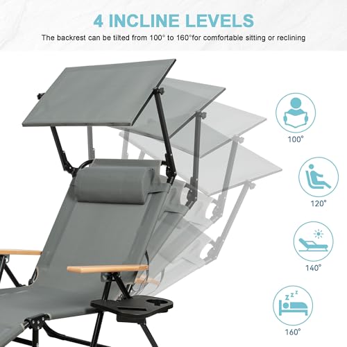 Outdoor Chaise Lounge Chair with 4-Position Adjustable Backrest,Patio Folding Sun Tanning Chair,Pillow & Cup Holder,Portable Recliner Sunbathing Lounger Chairs for Beach Garden (Grey with Shade) - color: Grey With Shade