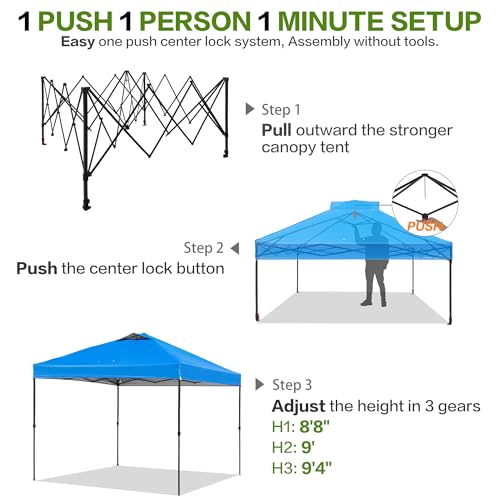 Tunbne 10'x10' Pop Up Canopy Tent with 1 Sidewall and 6 Pockets, One Push Setup, Instant Shade Tent with Vented Roof for Beach Patio Outdoor, Case, 8 Stakes, 4 Ropes, 4 Sandbags (Blue, 10x10) - color: Blue, size: 10x10