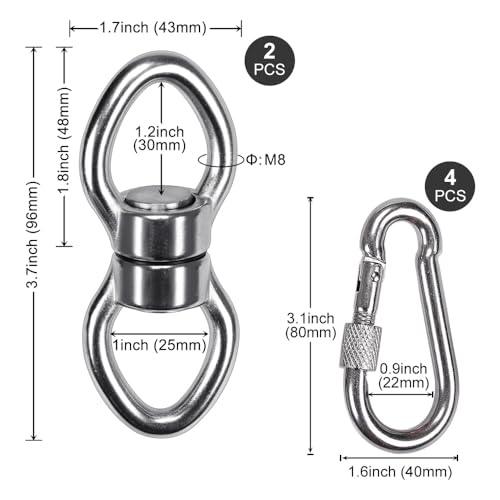 SELEWARE Silent Bearing Swing Swivel, 360° Rotational Device Hanging Accessory for Tree Swing, Hammock Chair, Yoga,1200LB Capacity, 2 Pack - color: Swivel (C) and 2 Carabiners, 2 Pack