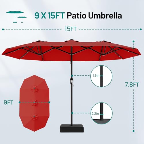 AreShark 15FT Patio Umbrella with Solar Lights, Double Sided Outdoor Table Umbrellas with Crank, Large Rectangular Market Umbrella for Porch, Lawn, Pool, Backyard, Red - color: Red, size: 9x15 Ft