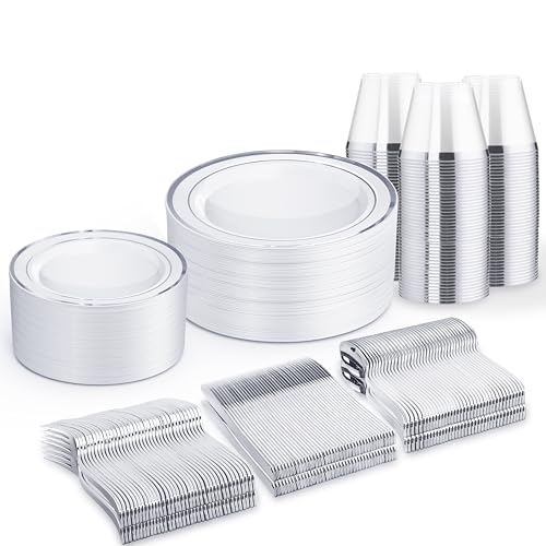 WELLIFE 300 PCS Silver Dinnerware Set for 50 Guests, Silver Plastic Disposable Plates for Party, 50 Dinner Plates, 50 Salad Plates, 50 Cups Forks Knives Spoons for Wedding and Party Anniversary - color: Silver, size: 50 Guests