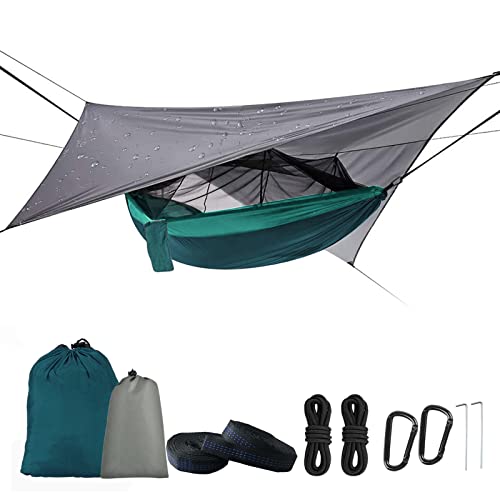 Camping Hammock with Mosquito Net & Rain Fly Tent Tarp & Tree Straps Portable Strong Nylon Hammock Parachute Tent w/Storage Bag for Camping Hiking Backyard Outdoor Backpacking Travel - color: Blue+green