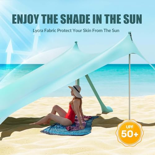 Gardentime Beach Tent Canopy with 8 Sandbags 4 Aluminum Poles, Pop Up Portable Camping Sun Shelter, Easy Set Up with 2 Sand Shovel, Ground Pegs, Carrying Bag for Outdoor Beach,Picnic, Fishing - color: Turquoise
