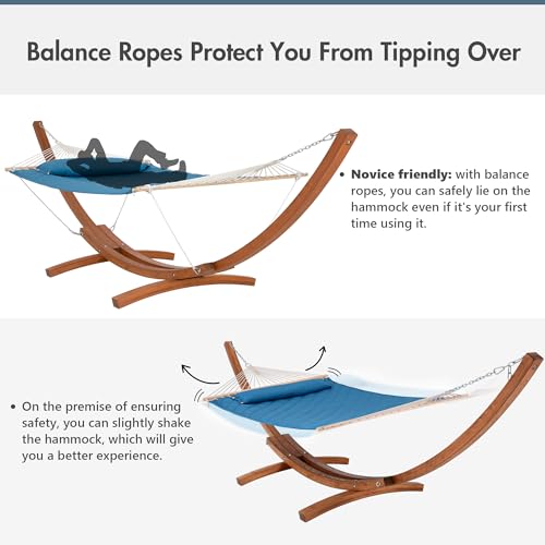 ANOW 13.5FT Curved Wood Stand with Double Hammock, Heavy Duty Larch Wood Arc Stand with 2 Chains, 4 Balance Ropes and 4 Carabiners, Includes Blue Hammock with Spreader Bars - color: Blue-quilted