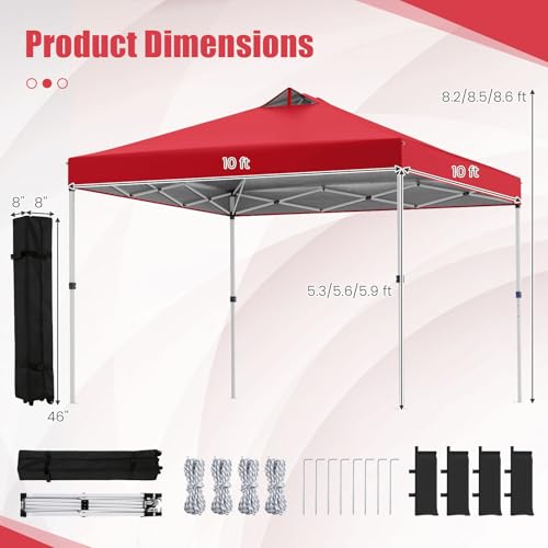 Tangkula 10 x10 Ft Pop Up Canopy with Center Lock, UPF 50+ One-Button Setup Outdoor Canopy Tent with Roller Bag, 4 Sand Bags, Heavy-Duty Steel Frame, 8 Stakes, 4 Ropes for Camping, Picnic (Red) - color: Red
