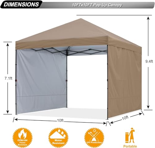 ABCCANOPY Easy Pop up Canopy Tent with 2 Sidewalls for Outdoor Sun Blocking or Rain Protection,8x8, Khaki - color: Khaki, size: 10x10