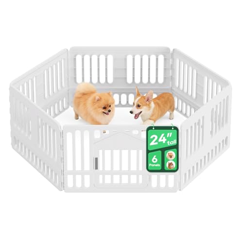 FDW Dog Playpen with Door, 24 Inch Puppy Play Pen for Small Dogs, Indoor Outdoor Plastic Pet Fence, Secure Locking Gate Pen, 38" L x 38" W x 24" H, White (6 Panels) - size: 6 Panels