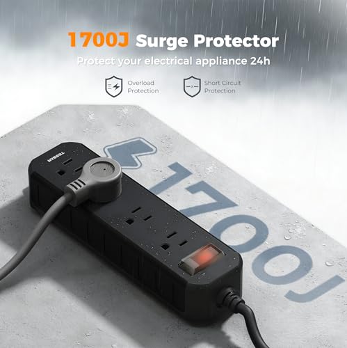 TESSAN Outdoor Power Strip Weatherproof, 50FT Extension Cord Waterproof with 4 Outlets 1 Switch (1250W), Surge Protector 1700J, Wall Mountable for Home Office and Patio Christmas Lights, Black - size: 50FT