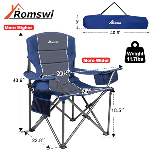 Romswi Oversized Camping Chairs,Heavy Duty Support 500 LBS,Padded Back & Arm Sport Chairs, Cup Holder Cooler Bag, Collapsible Folding Chairs for Outdoor, Fishing & Garden, Blue,2-Pack - color: Blue