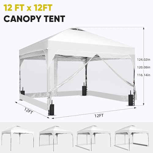 GDY 12x12FT Pop Up Canopy Tent with One Push Setup, Easy Setup Gazebo with 4 PVC Transparent Sidewalls,Includes Wheeled Bag. for Events, Parties, Camping, White. - color: White, size: 12x12 With 4 Pvc Sidewalls(one Push Setup）