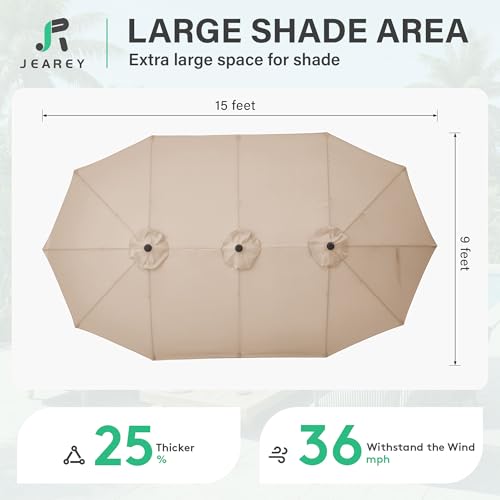 JEAREY 15ft Large Patio Umbrella with Base, Outdoor Rectangle Umbrella Double-Sided Market Umbrella with Stand for Pool, Deck, Backyard and Garden, Beige - color: Beige